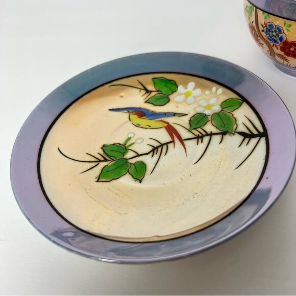 Vintage Chikaramachi Lavender & Peach Bird Floral Hand Painted Teacup Saucer Set - Picture 7 of 15
